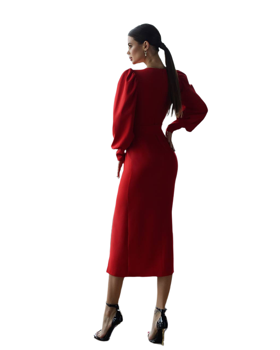 Woman wearing a red dress against a white background