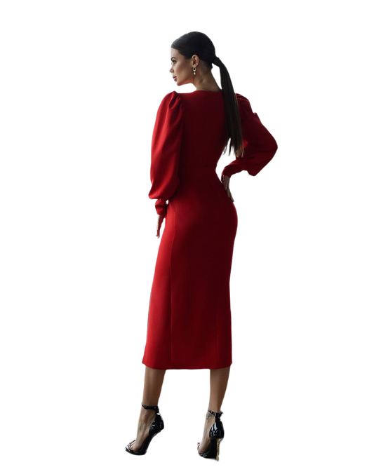 Woman wearing a red dress against a white background
