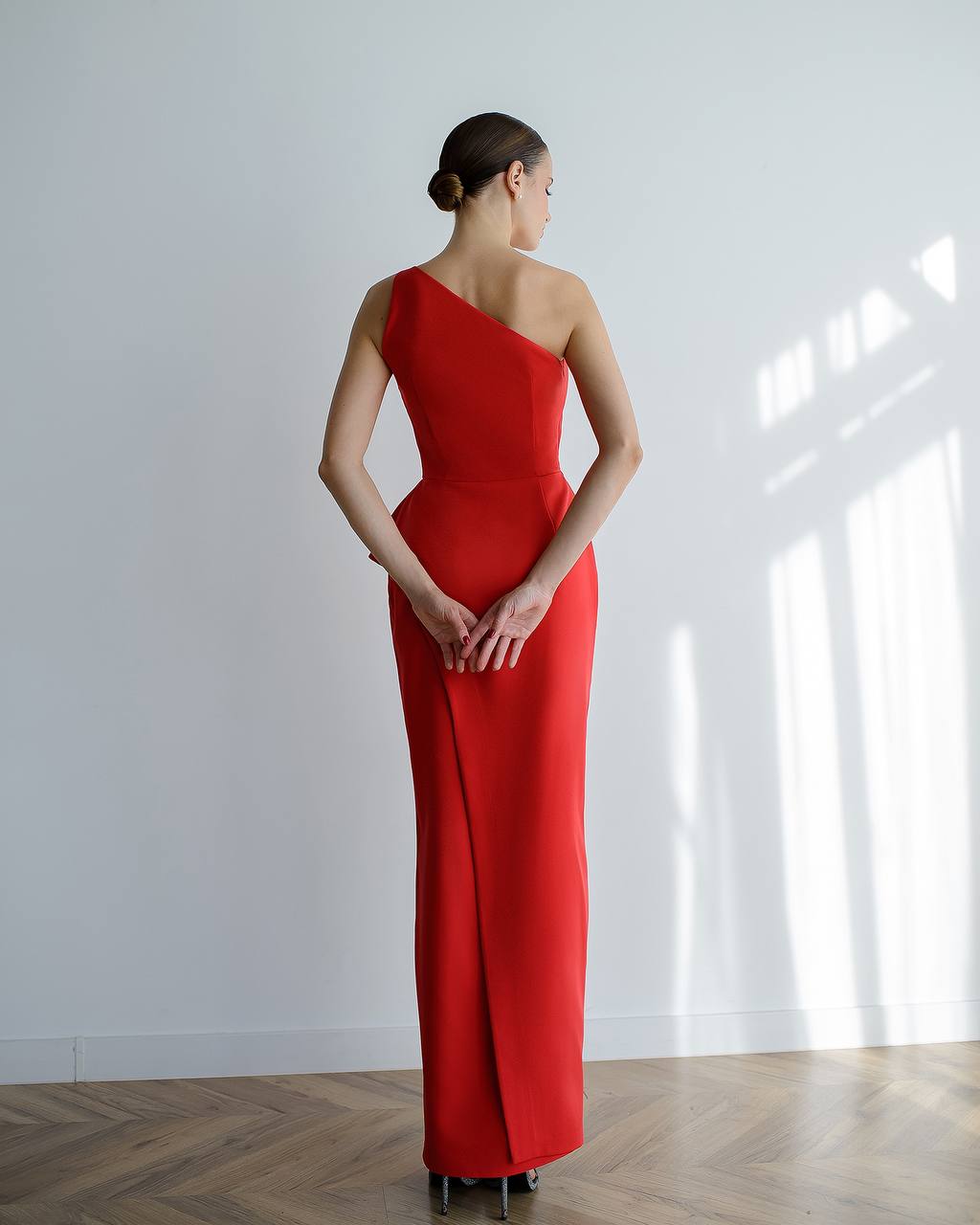 One Shoulder Red Midi Dress with Side Slit