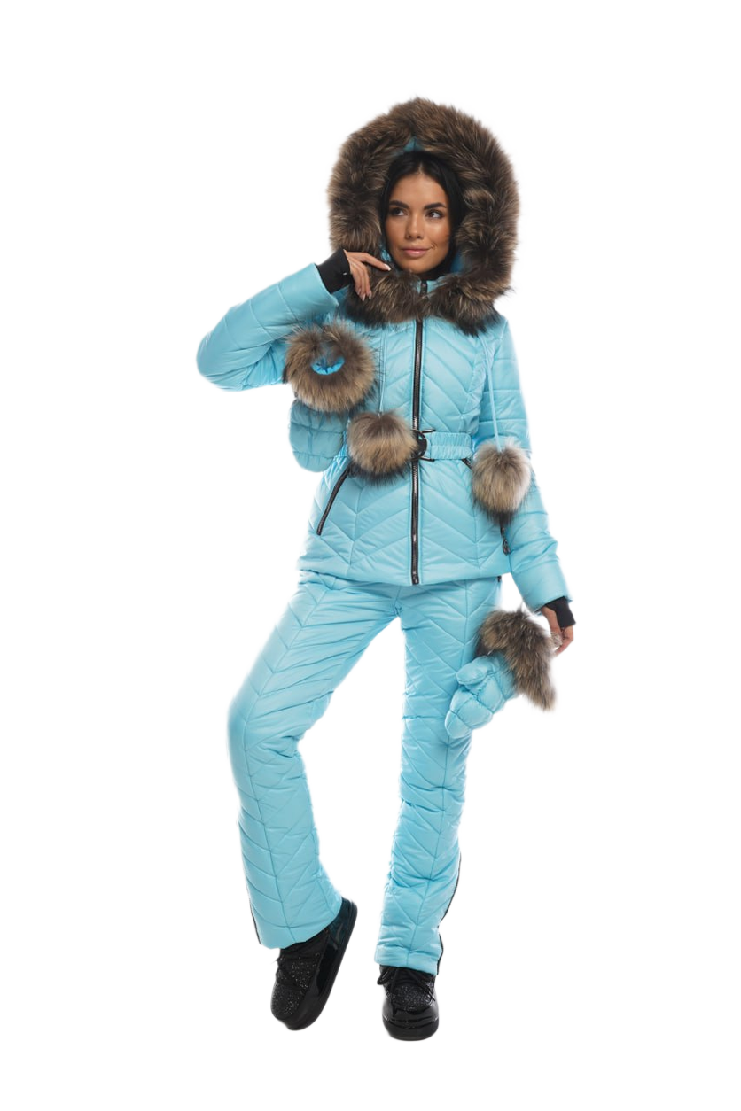 Womens Winter Warm Ski Snowboarding Suit Jacket and Pants with Fur Hood and Gloves Light Blue