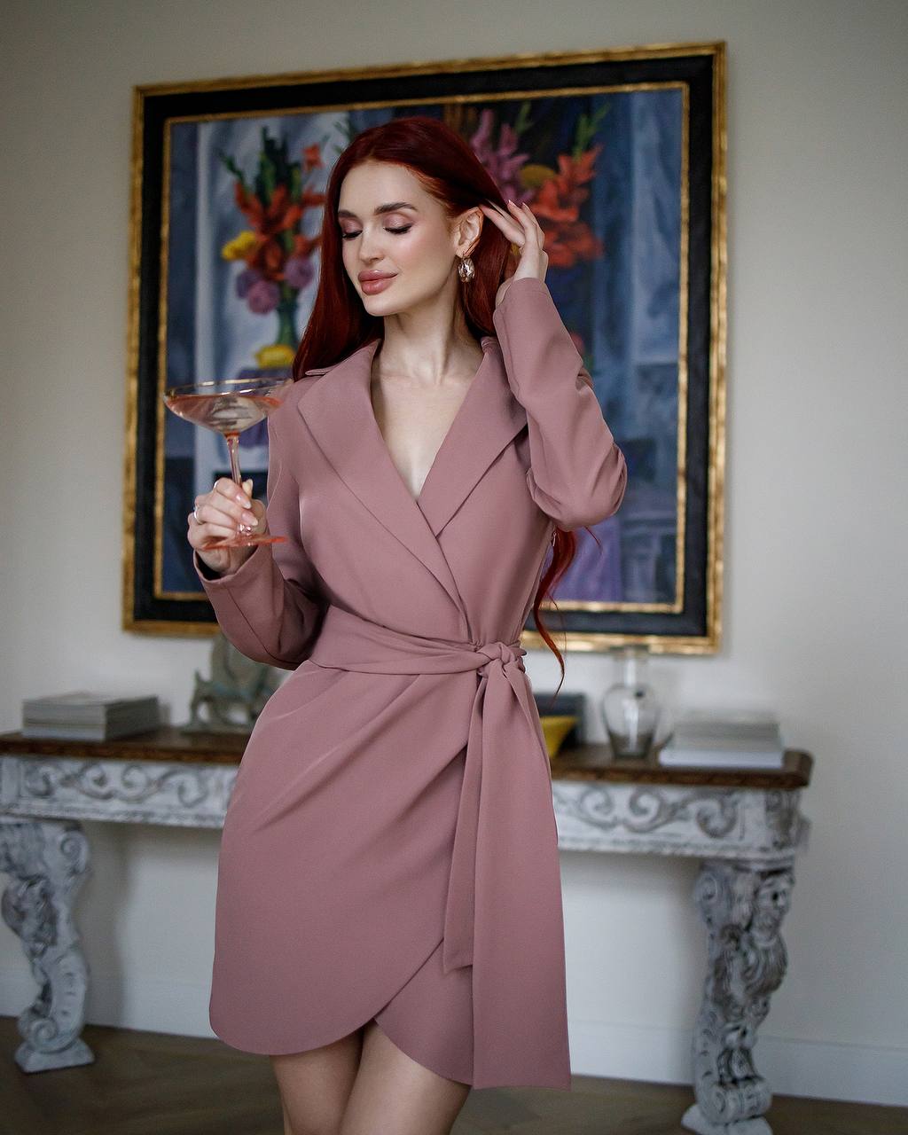 Elegant Women's Suit Crepe Diagonal Dress with Waist Tie