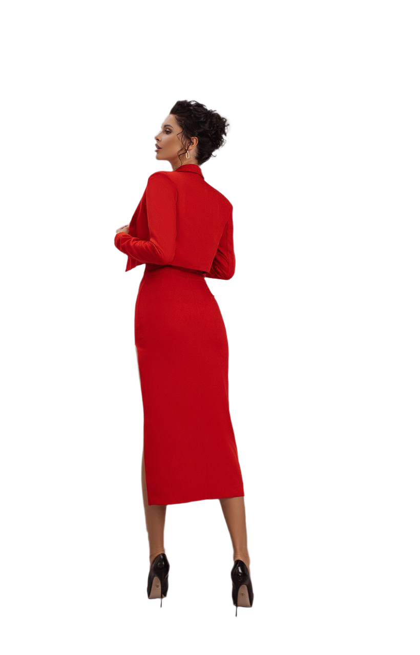 Woman wearing a red dress on a white background