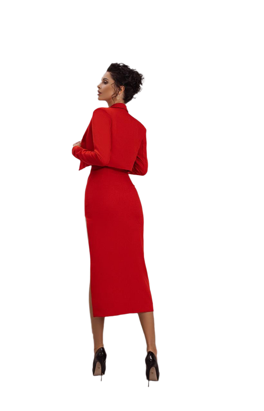 Woman wearing a red dress on a white background