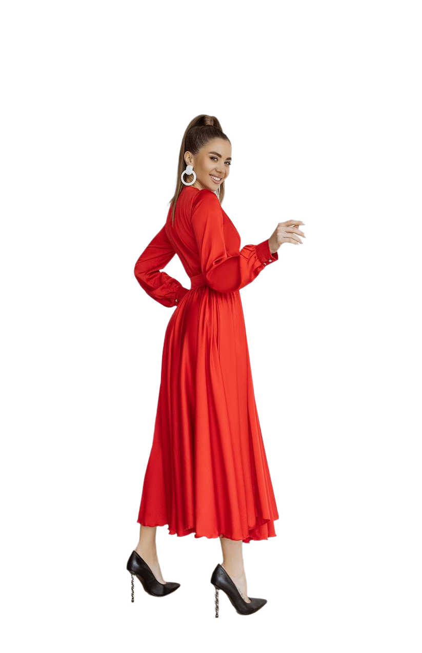 Woman wearing a red dress on a white background