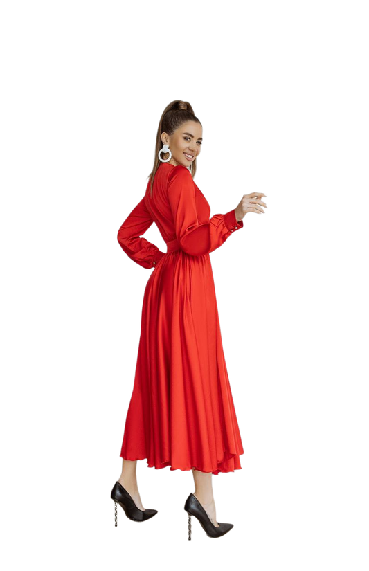 Woman wearing a red dress on a white background