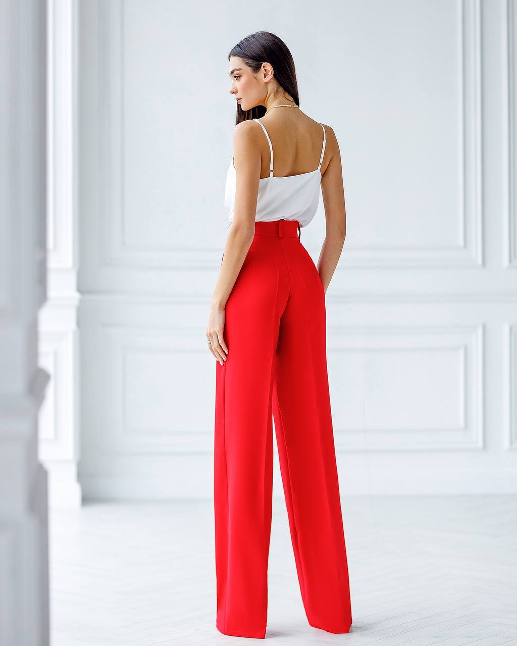Women's High Waist Wide Leg Trousers in Suiting Crepe Diagonal Fabric