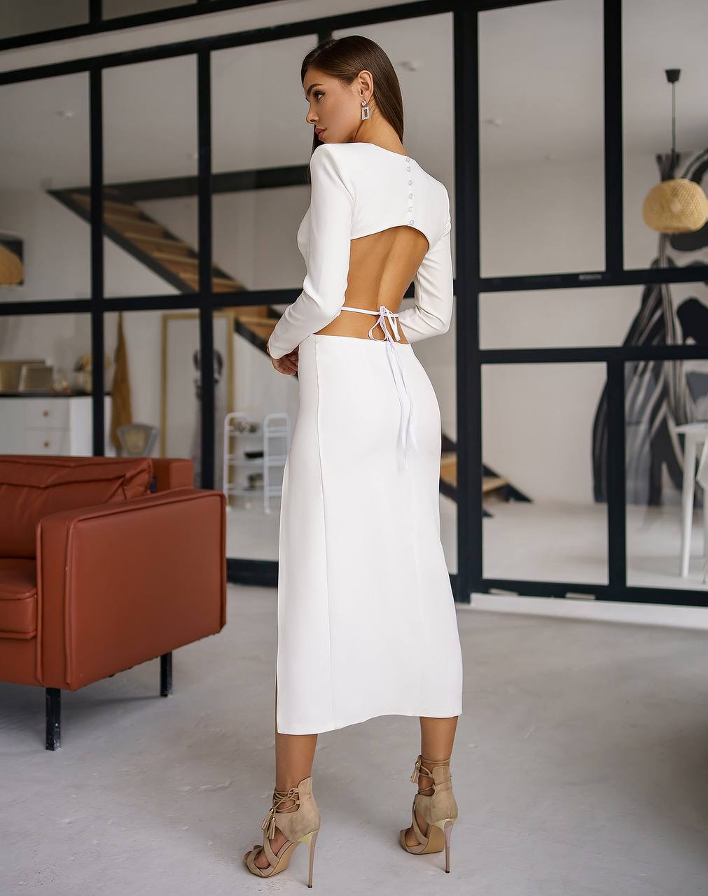 Women's Elegant Midi Dress in Milk Color with Open Back