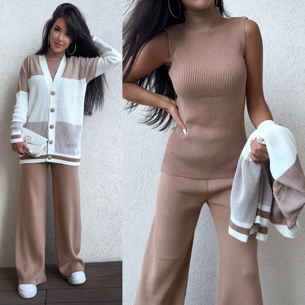 Woman wearing a beige outfit with a white cardigan against a neutral background