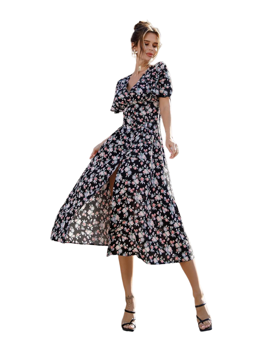 Womens Floral Printed Midi Dress with Short Puff Sleeves