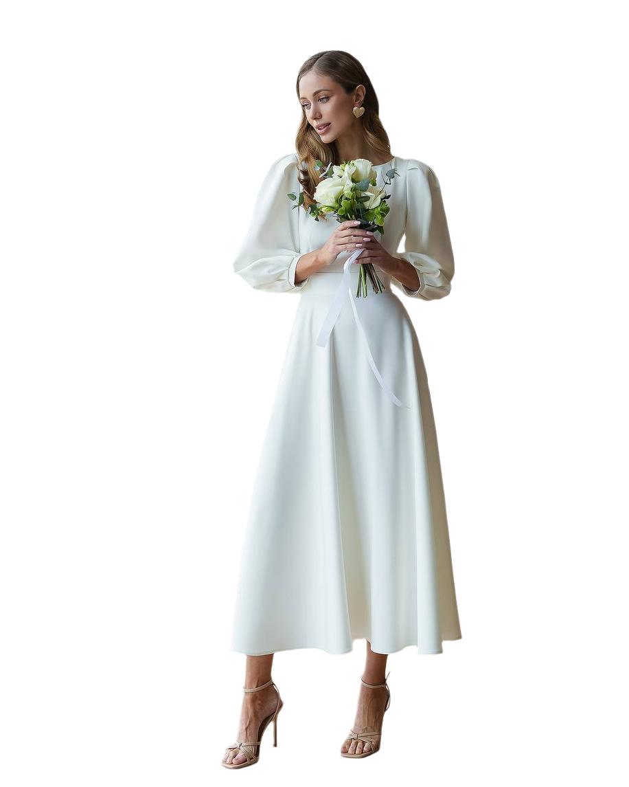 Woman in a white dress holding a bouquet of flowers on a white background