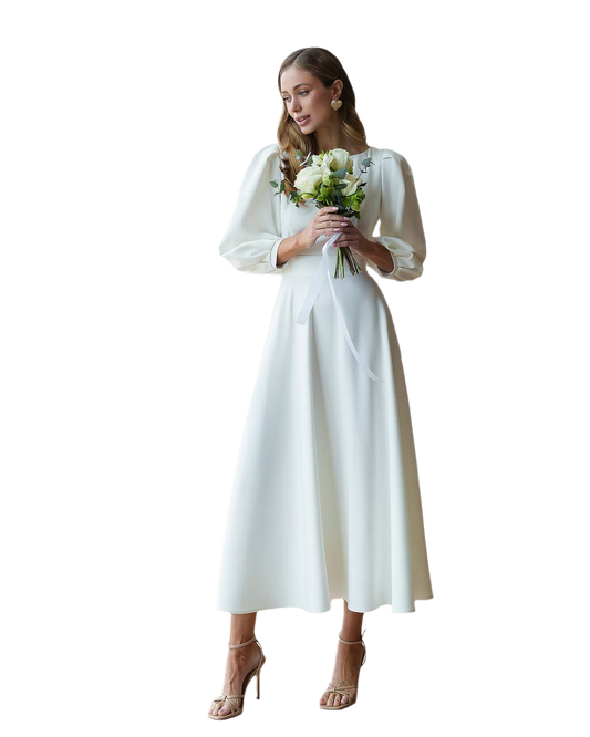 Woman in a white dress holding a bouquet of flowers on a white background