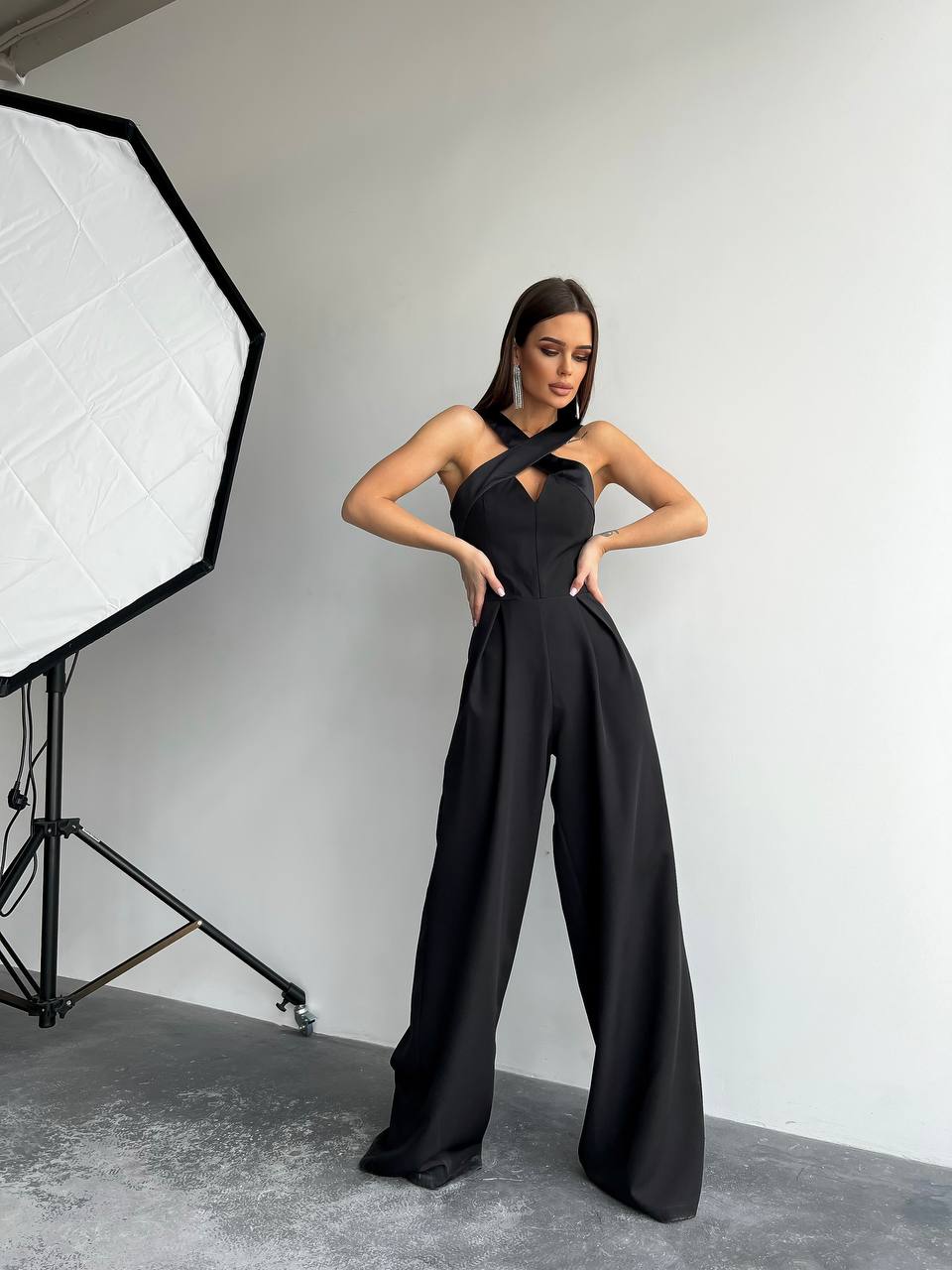 Electra Black Jumpsuit for Women with Satin Details