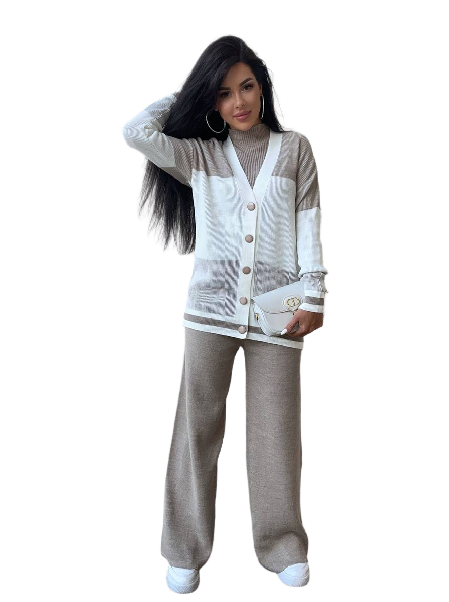 Dilan Women's Three-Piece Knit Suit with Cardigan Sleeveless Top and Pants