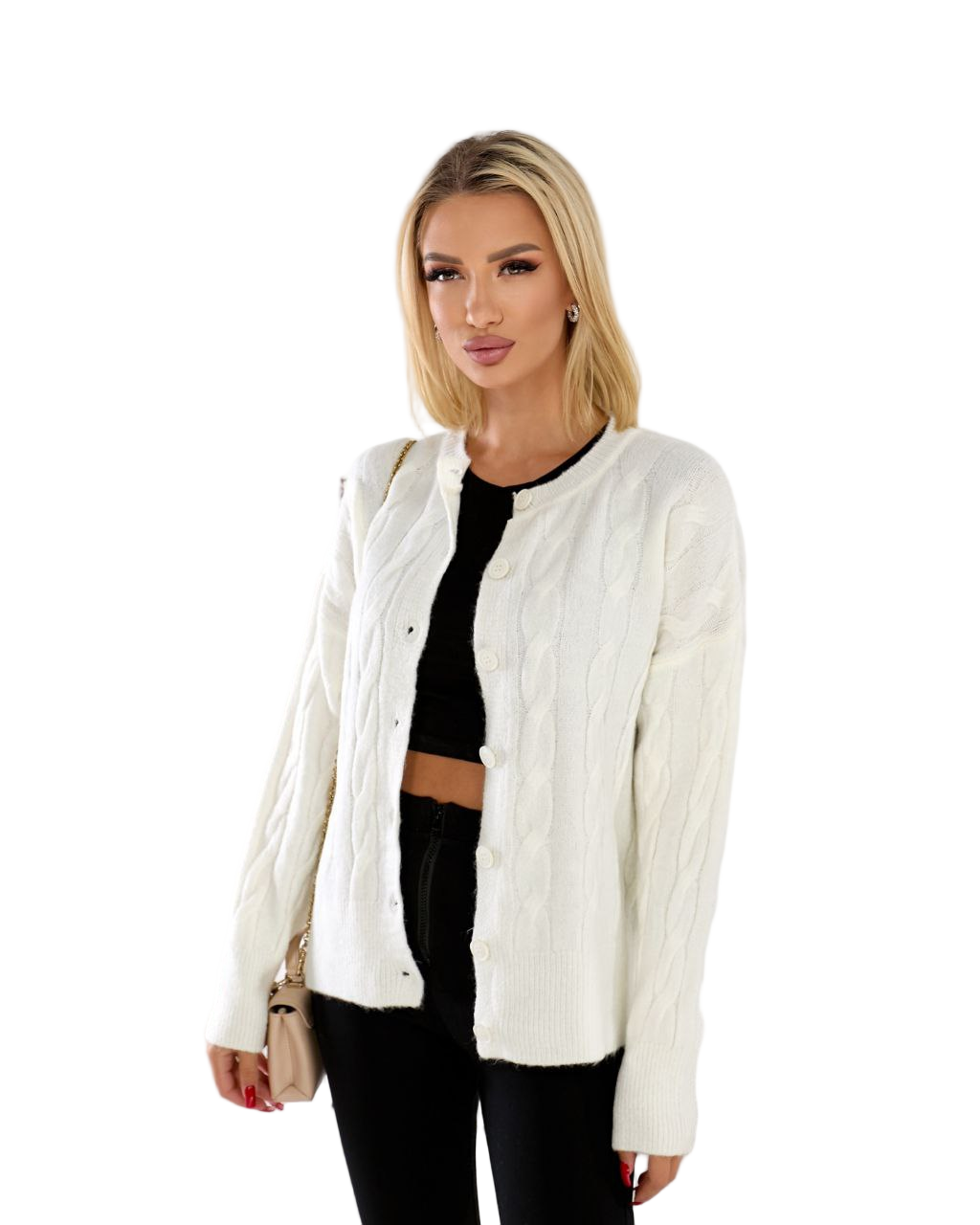 White Cable Knit Cardigan Button Front Cozy Autumn Sweater