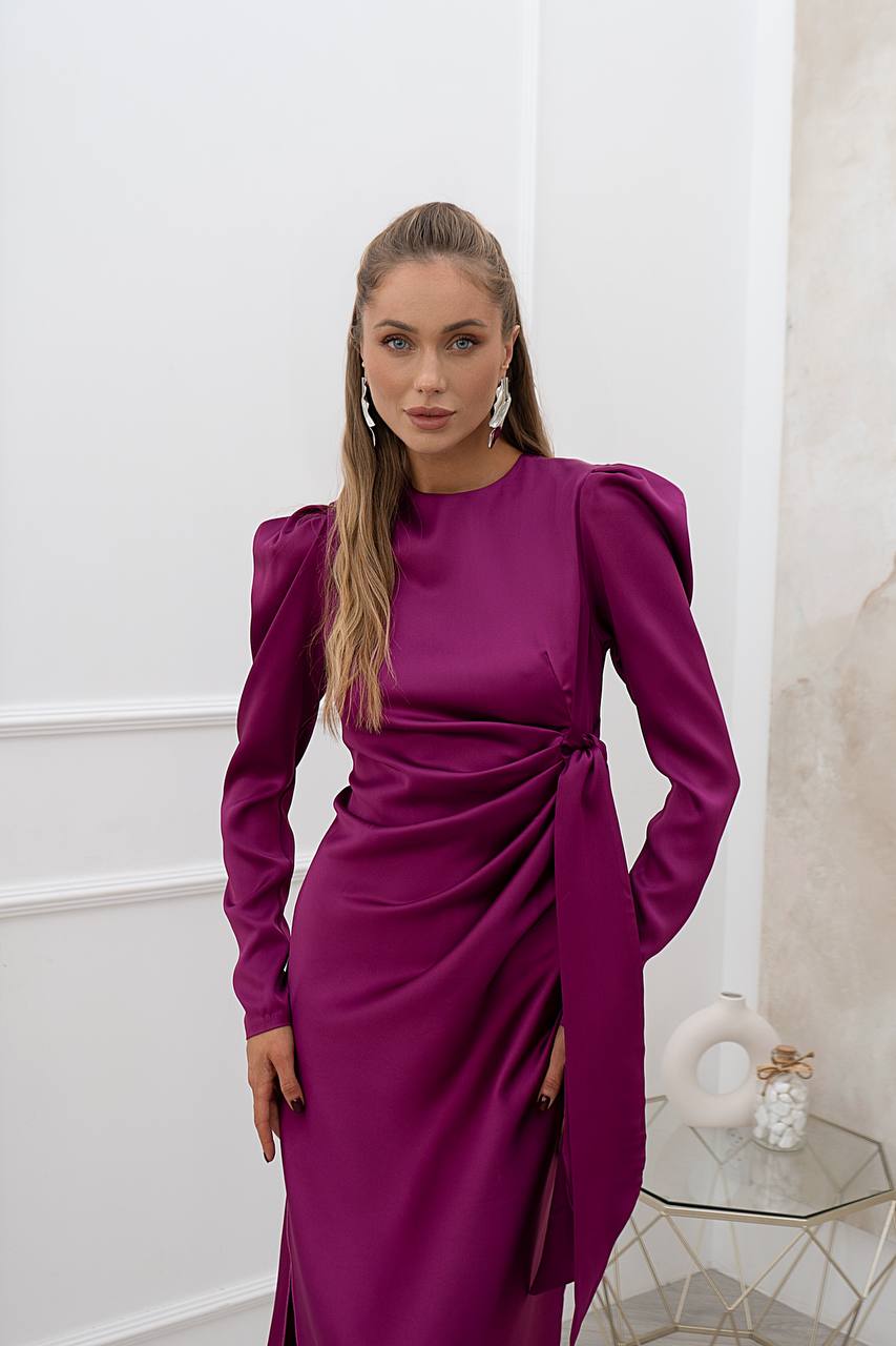 Woman wearing a purple dress with long sleeves in an indoor setting.