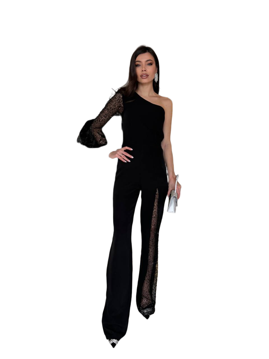 Black One Shoulder Sequin Beaded Jumpsuit for Women
