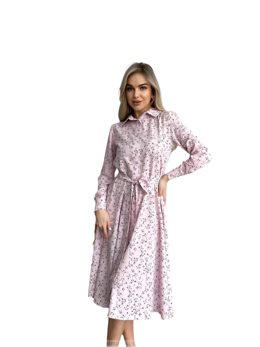 Woman wearing a pink floral dress on a white background