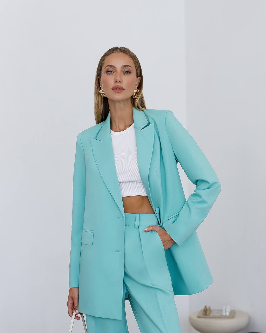 Elegant Polished Tiar and Lux Fabric Women's Suit in Tiffany Blue