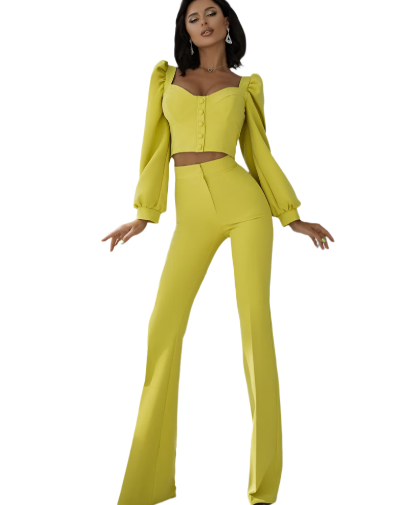 Womens Diagonal Crepe Blouse and Trousers Suit Lime Color