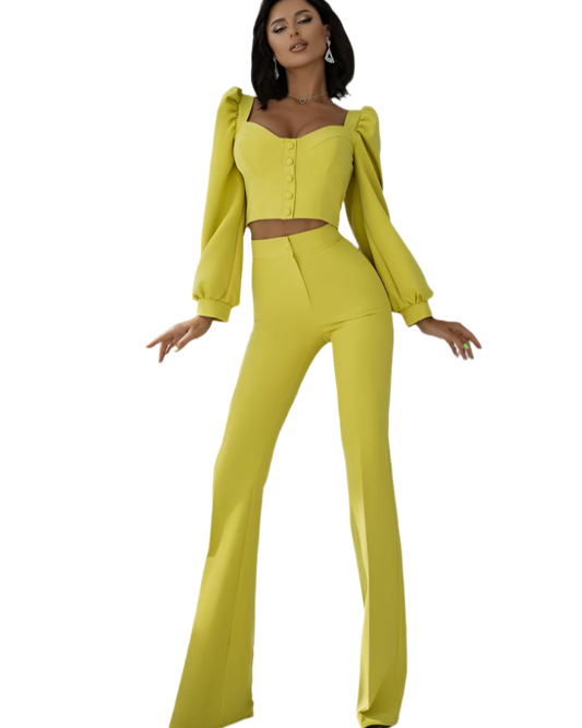Womens Diagonal Crepe Blouse and Trousers Suit Lime Color