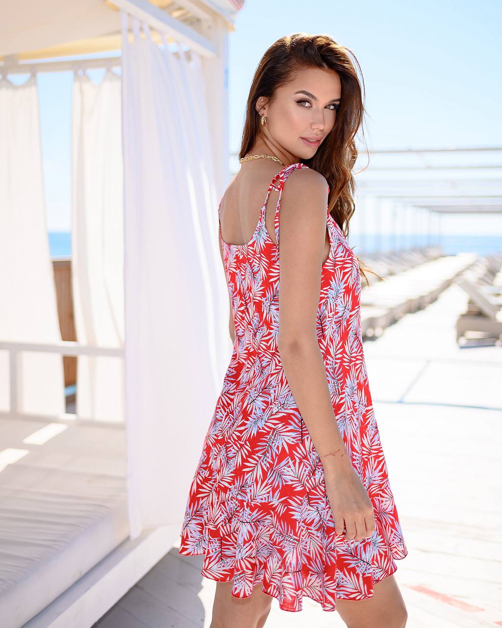 Printed Linen Sundress Women Summer Red Leaf Print