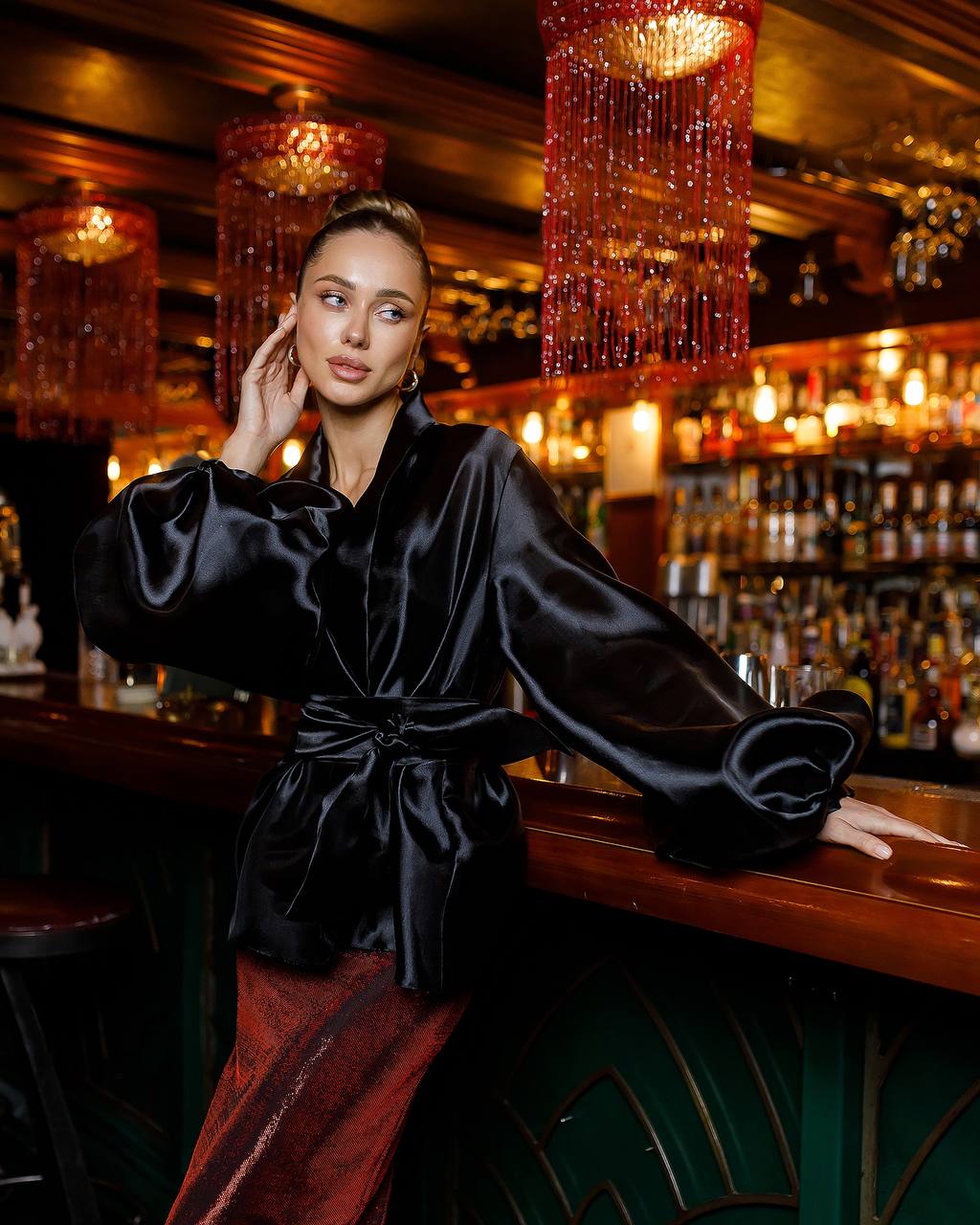 Womens Black Premium Organza Blouse Tunic with Tie Waist