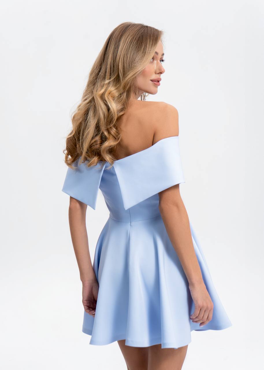Woman wearing a light blue off-shoulder dress on a white background