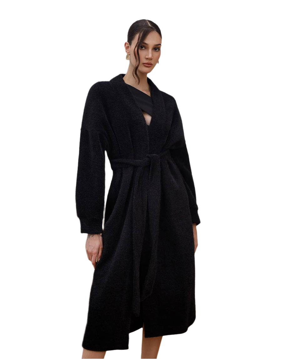 Silva Fluffy Black Long Cardigan with Belt for Women