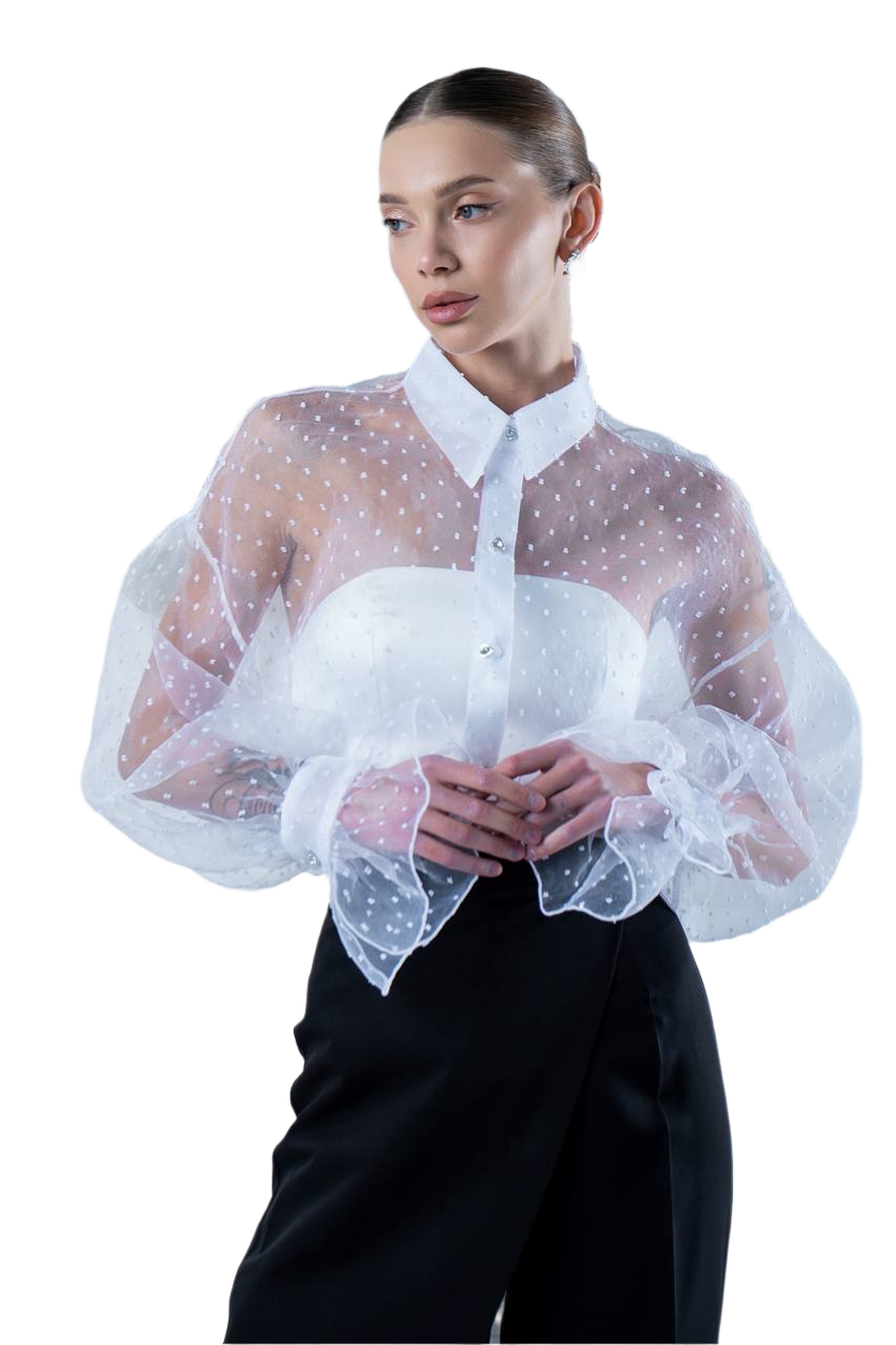 Stylish White Organza Shirt for Women with Polka Dot Design
