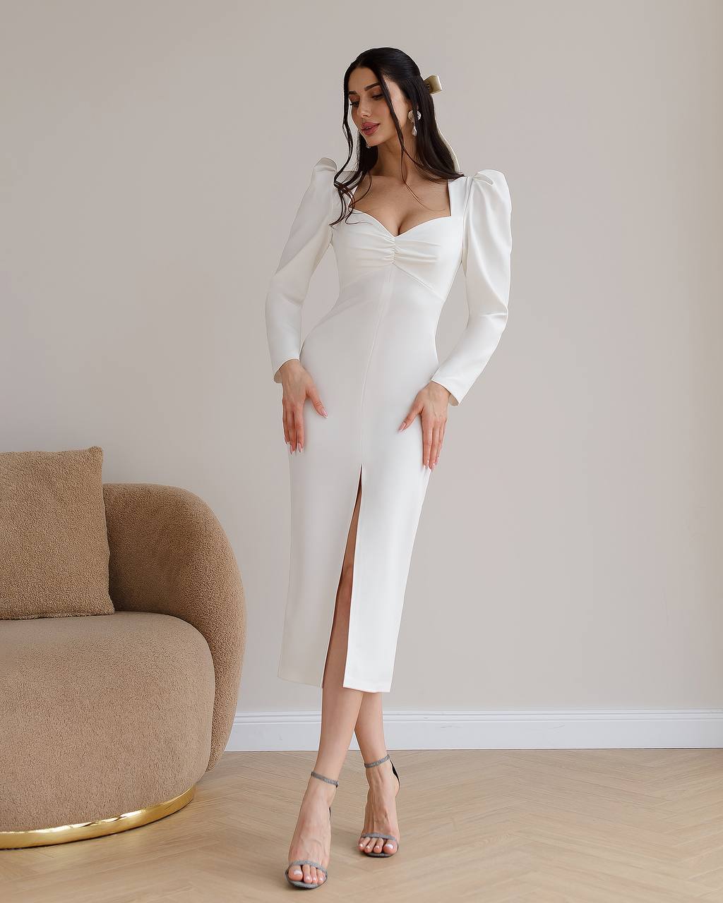 Elegant White Midi Dress Women Puff Sleeves Split Front Suit Crepe