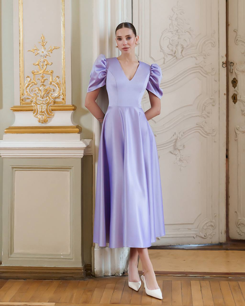 Elegant Puff Sleeve Satin Midi Dress in Lavender