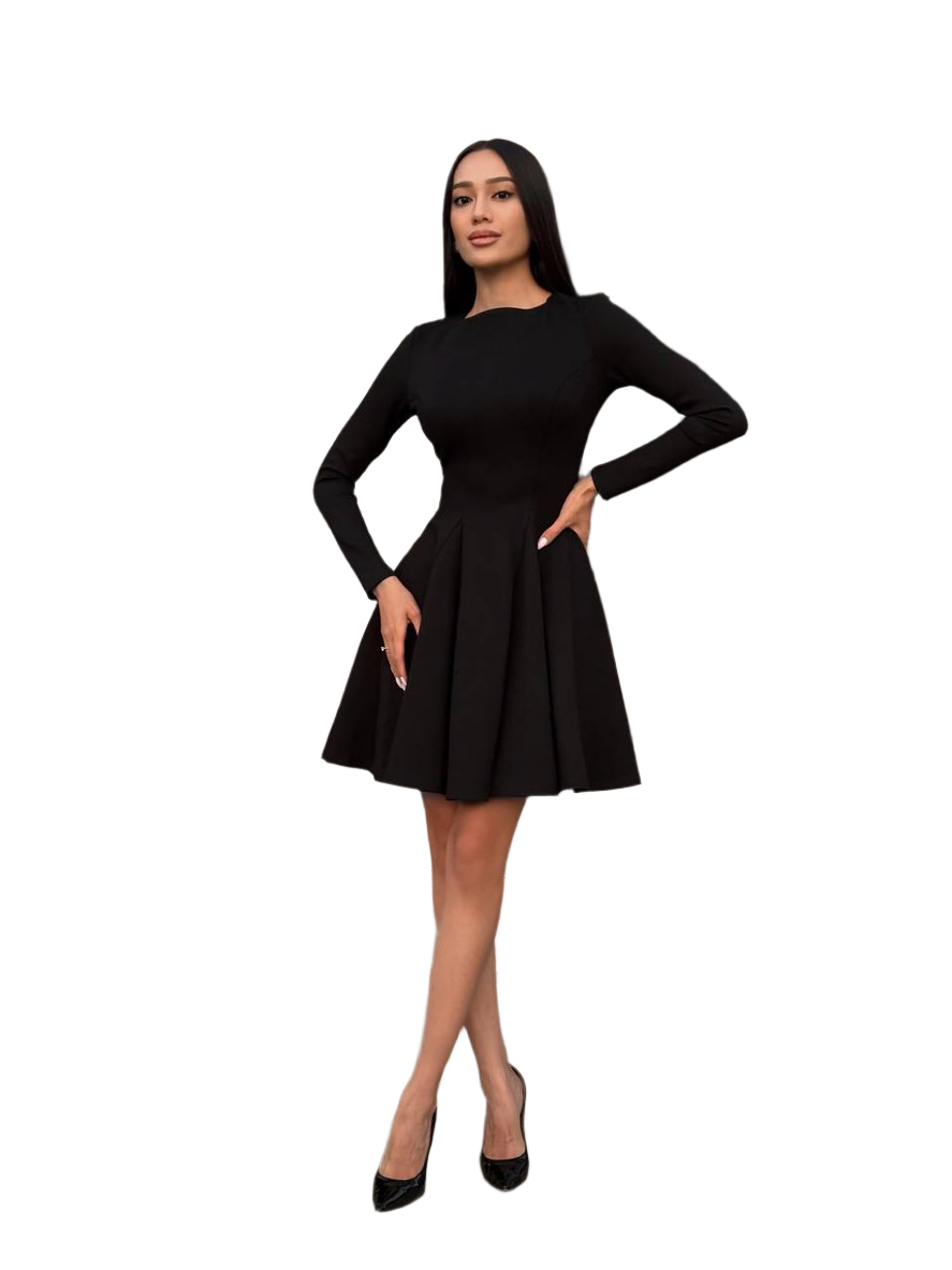 Woman wearing a black dress on a white background