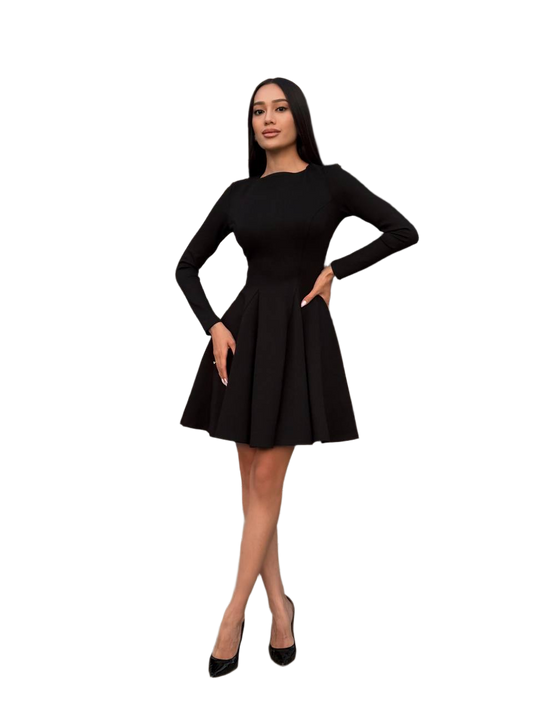 Woman wearing a black dress on a white background