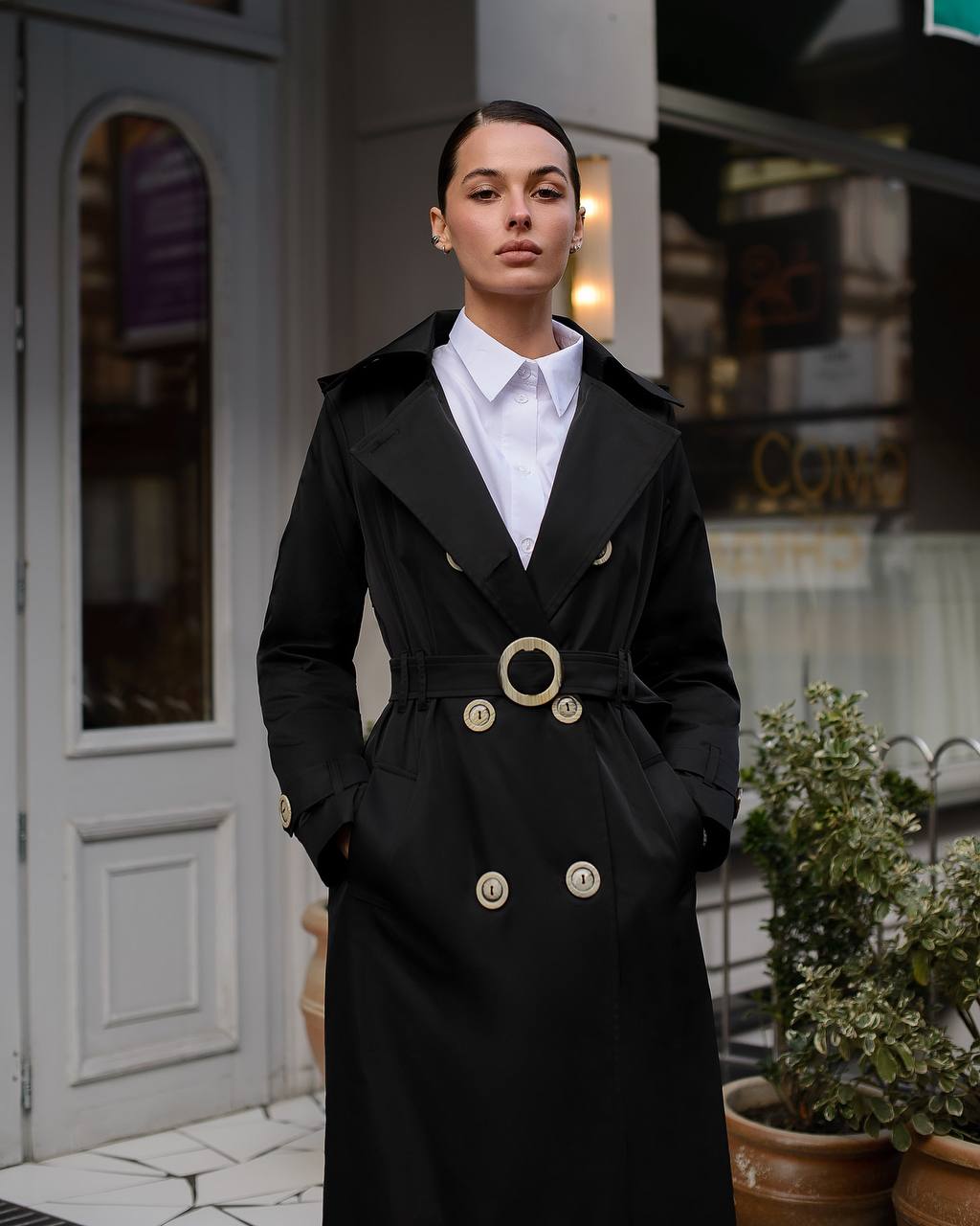 Stylish Black Trench Coat for Women with Belt and Pockets