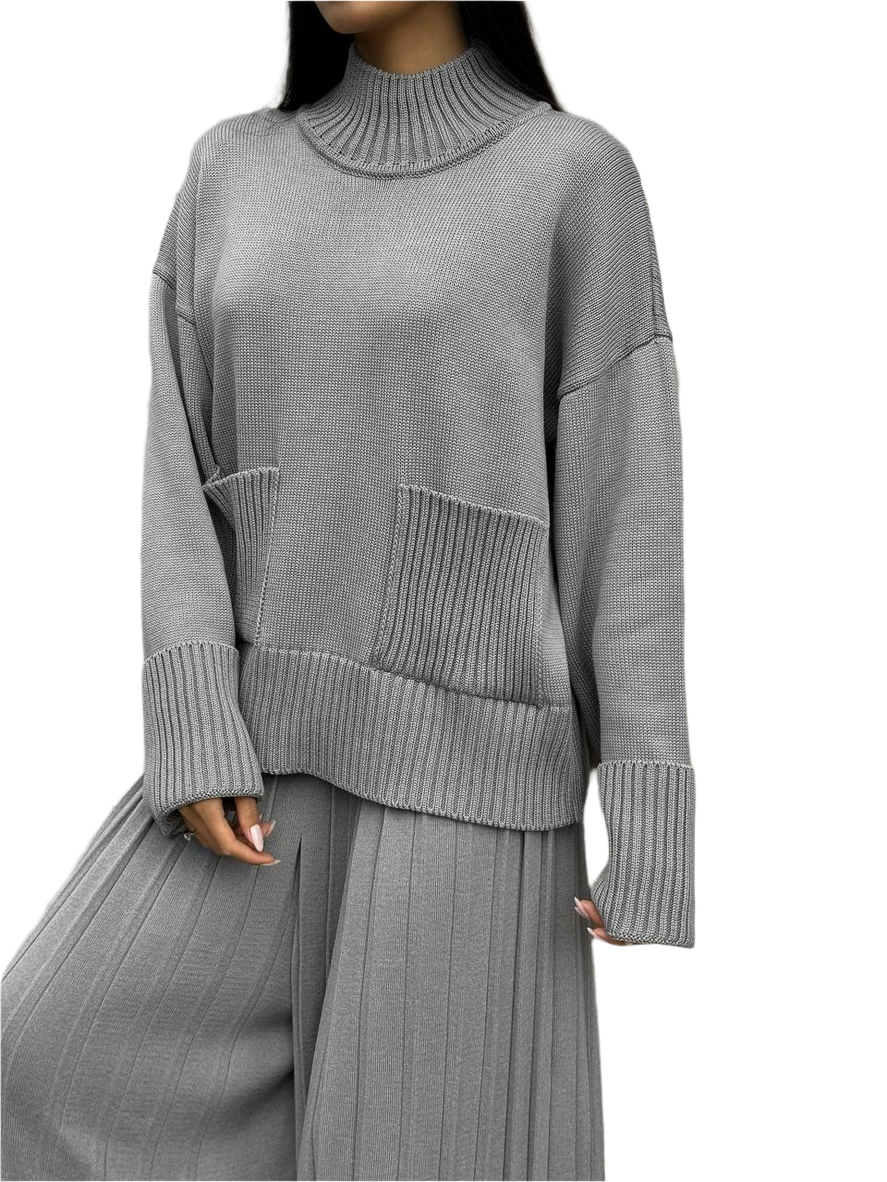 Gray ribbed sweater and pants set on a white background