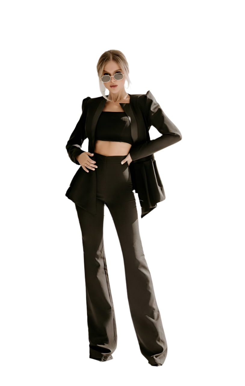 Black Women Wedding Suit Bridal Elegant Cocktail Graduation Pantsuit Peplum Jacket High Waist Palazzo Pants