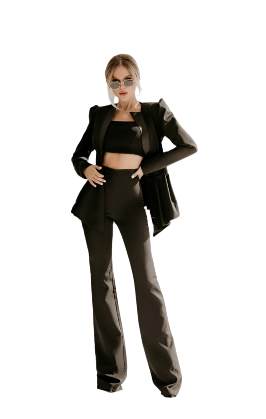 Black Women Wedding Suit Bridal Elegant Cocktail Graduation Pantsuit Peplum Jacket High Waist Palazzo Pants