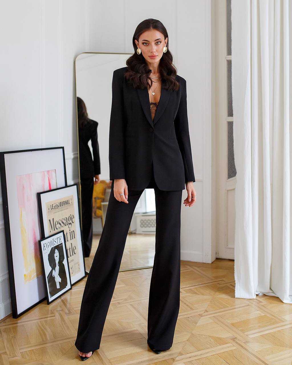 Womens Black Suit with Lined Blazer and Flared Pants