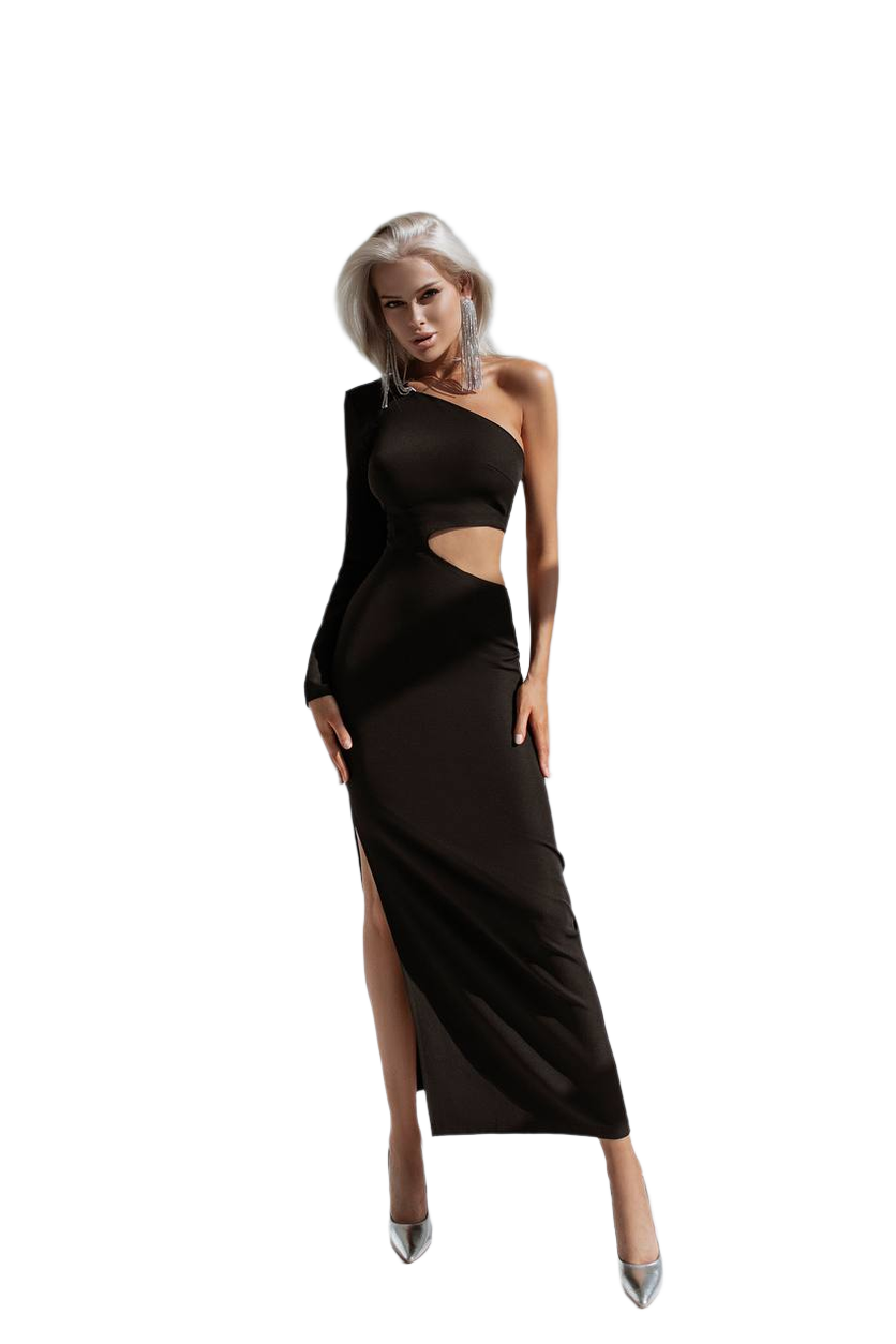 Elegant One-Shoulder Cutout Long Dress in Diagonal Crepe Fabric