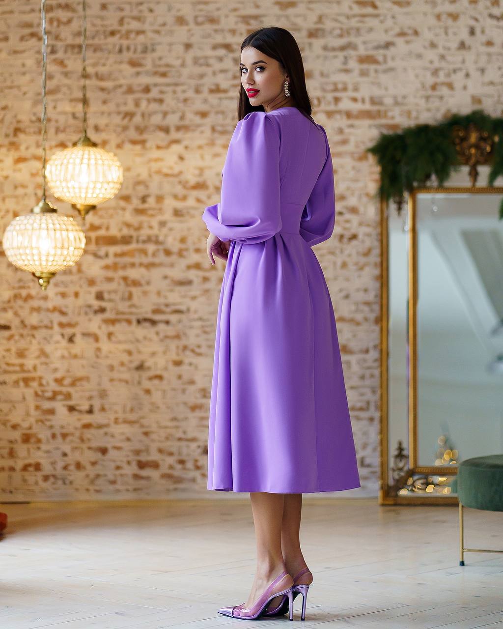 Elegant Purple Midi Dress with Pleated Bodice and Balloon Sleeves