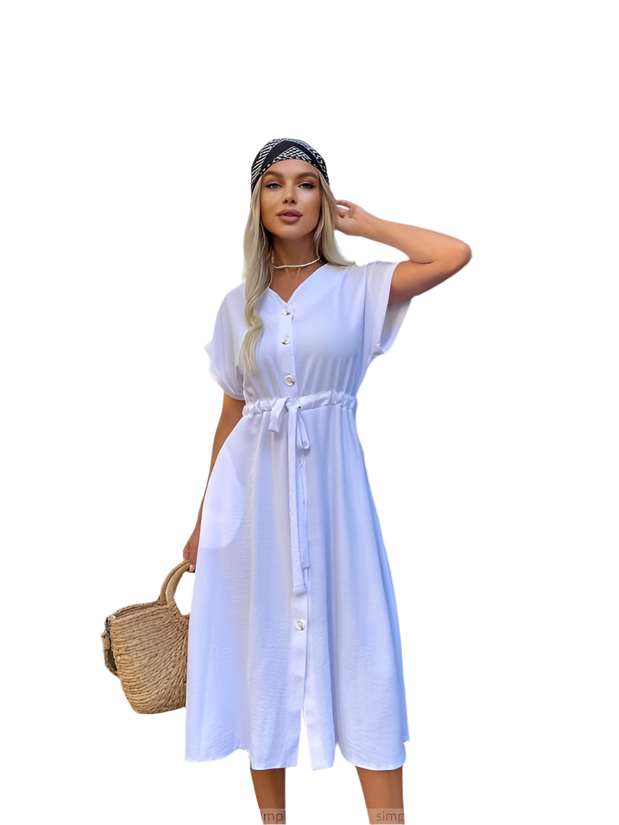 Lightweight White Midi Dress with Drawstring Waist