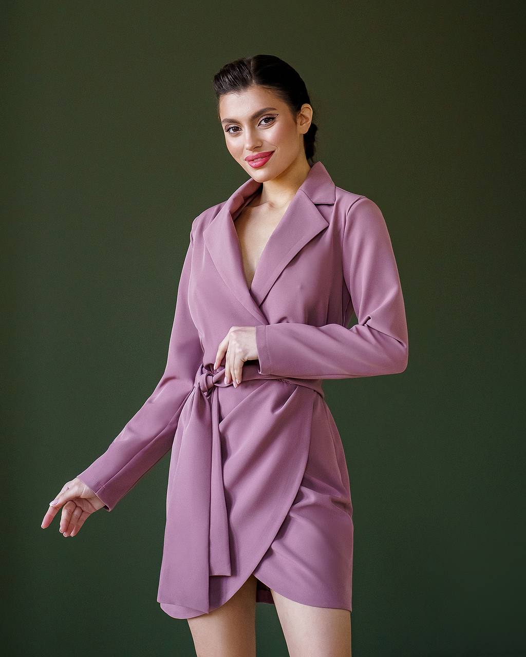 Elegant Women's Suit Crepe Diagonal Dress with Waist Tie