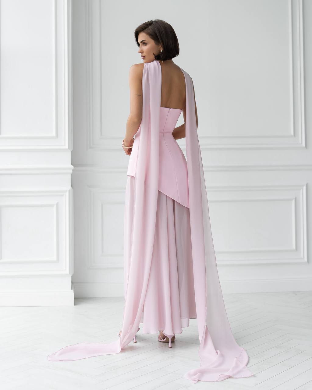 3 Piece Elegant Pink Wedding Bridal Set - Corset Style Dress, Chiffon Skirt and Scarf