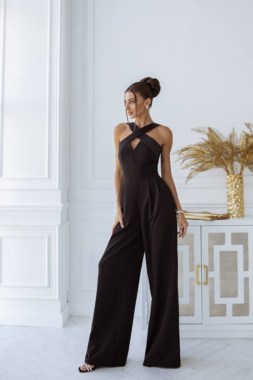 Electra Black Jumpsuit for Women with Satin Details