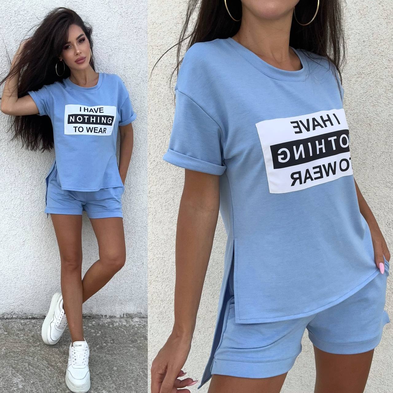 Woman wearing a blue outfit with a t-shirt and shorts, featuring text on the shirt.