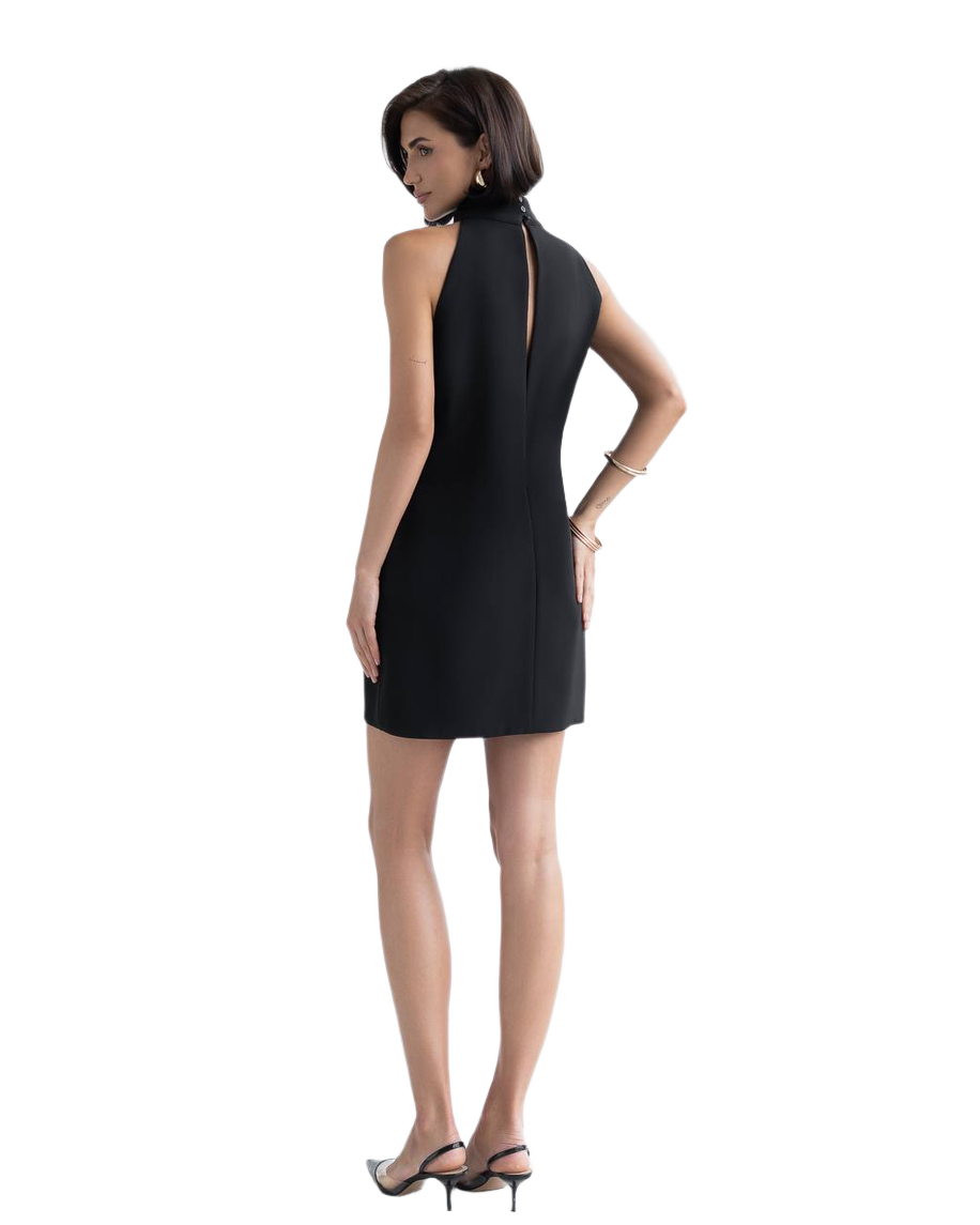 Woman wearing a black dress on a white background
