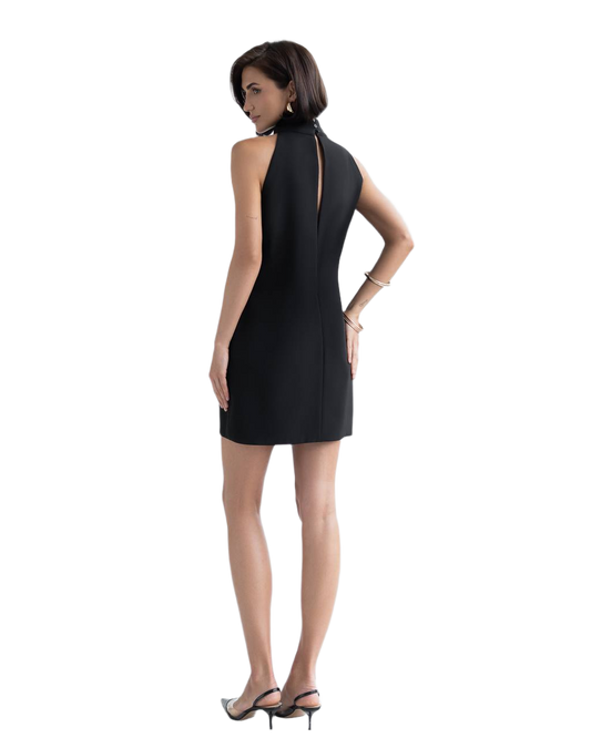 Woman wearing a black dress on a white background