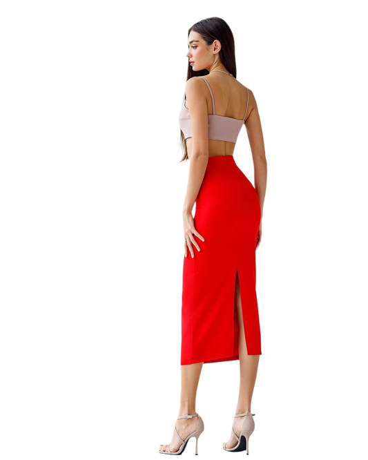 Woman wearing a red dress with a beige top on a white background