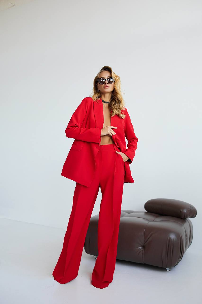 Red Diagonal Crepe Palazzo Suit Women Tailored Blazer Wide Leg Pants