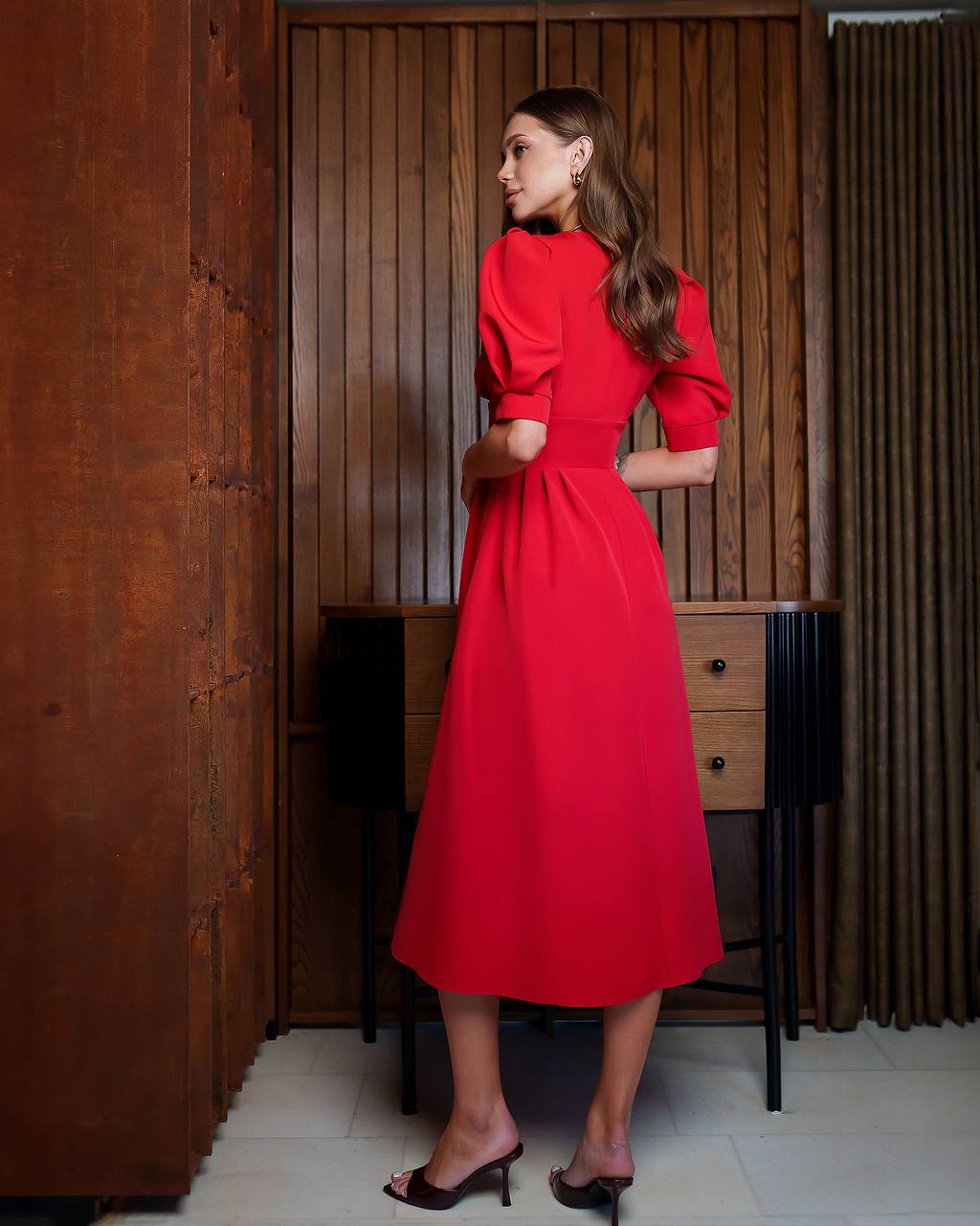 Elegant Red Midi Dress for Women with Puff Sleeves
